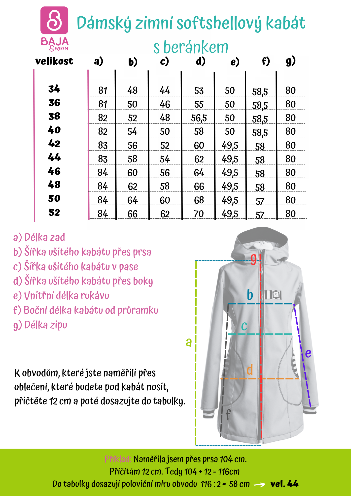 ZIMNÍ PRINCES dámský softshellový kabát - tabulka